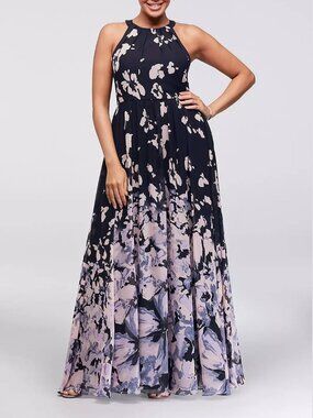 Betsy and Adam Abstract Floral Chiffon Tie-Back Gown maxi dress formal wedding